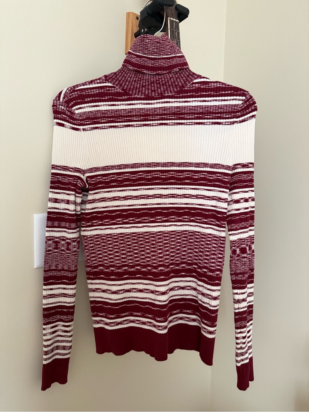 Tory Burch  Burgundy and White Striped Turtleneck Sweater
